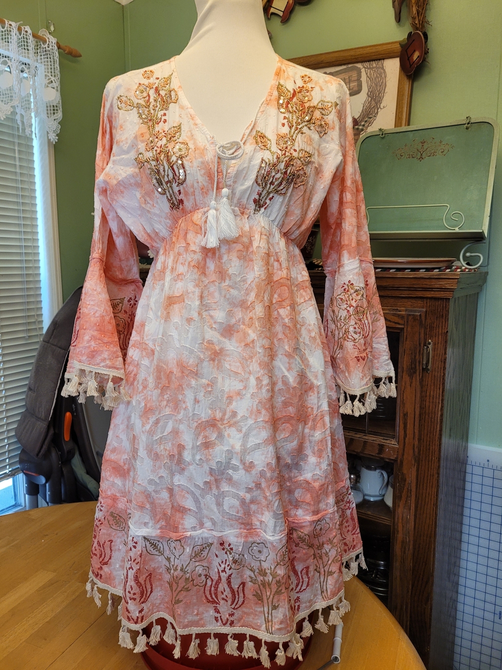 Sacred Threads Peach Tie-Dye Boho Dress with Tassel Neck